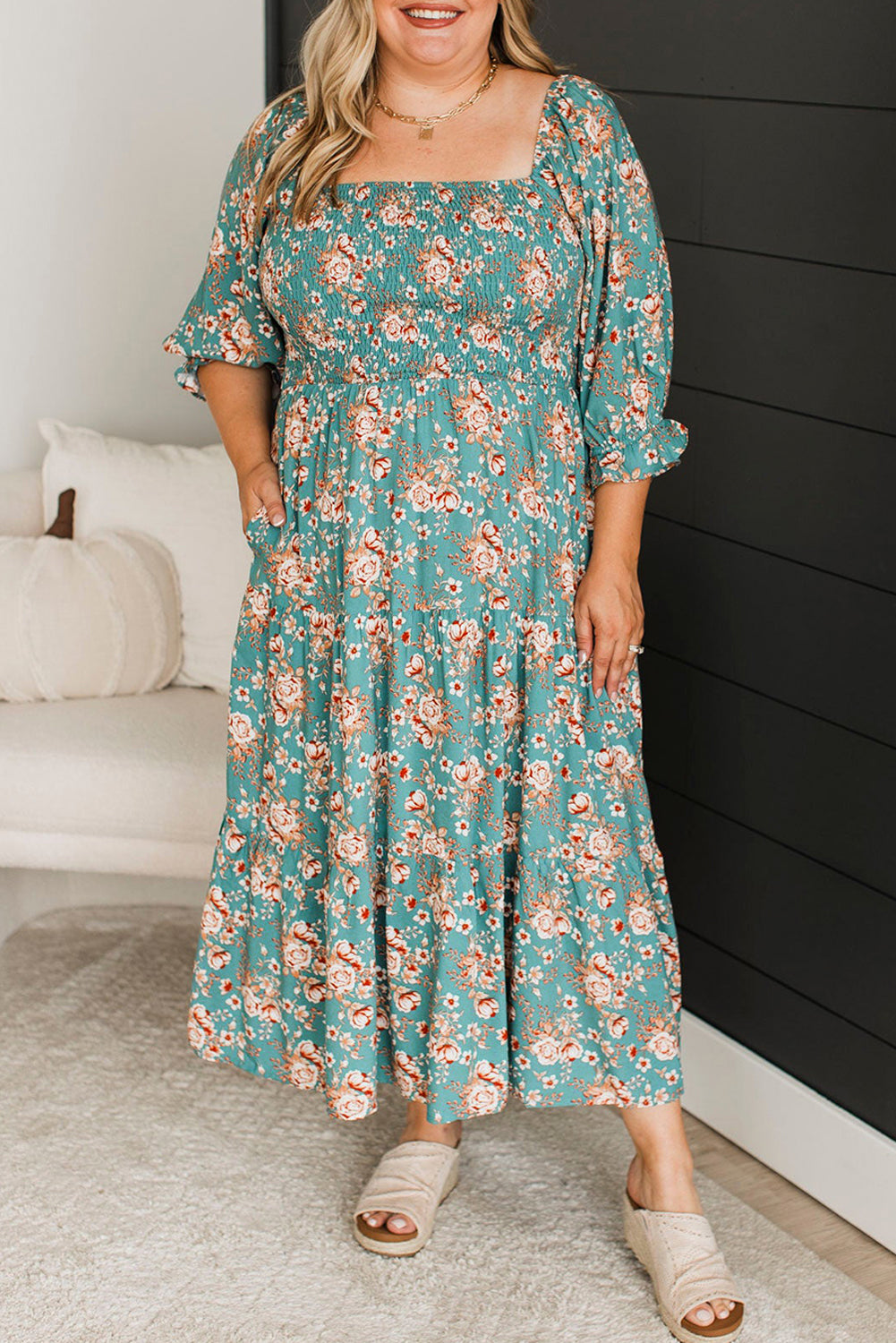 Green Floral Print Smocked Tiered Maxi Dress - Plus