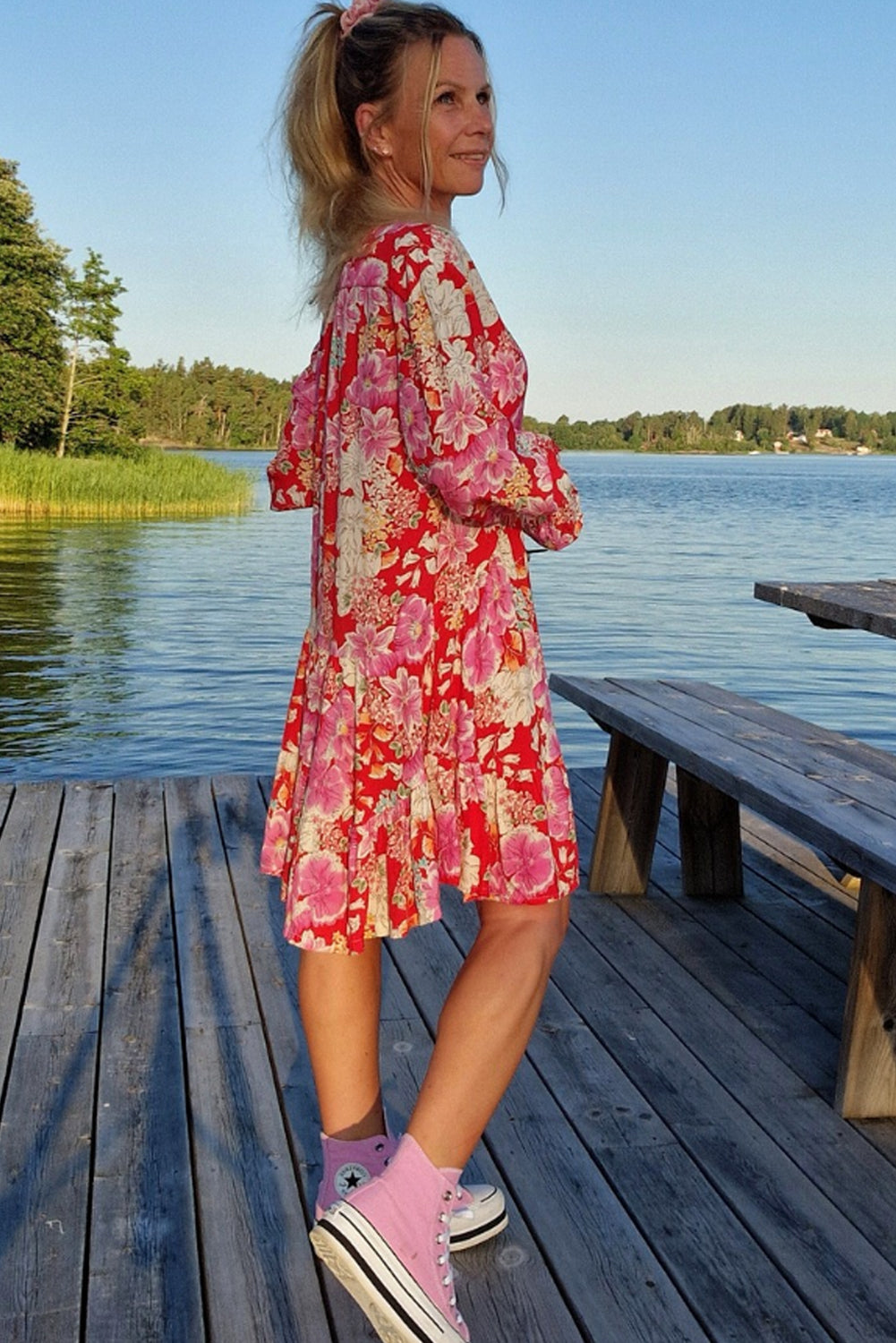 Red Floral Print V Neck Dress