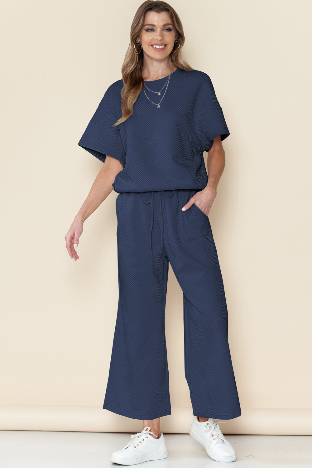 Textured Loose Fit T Shirt and Drawstring Pants Set