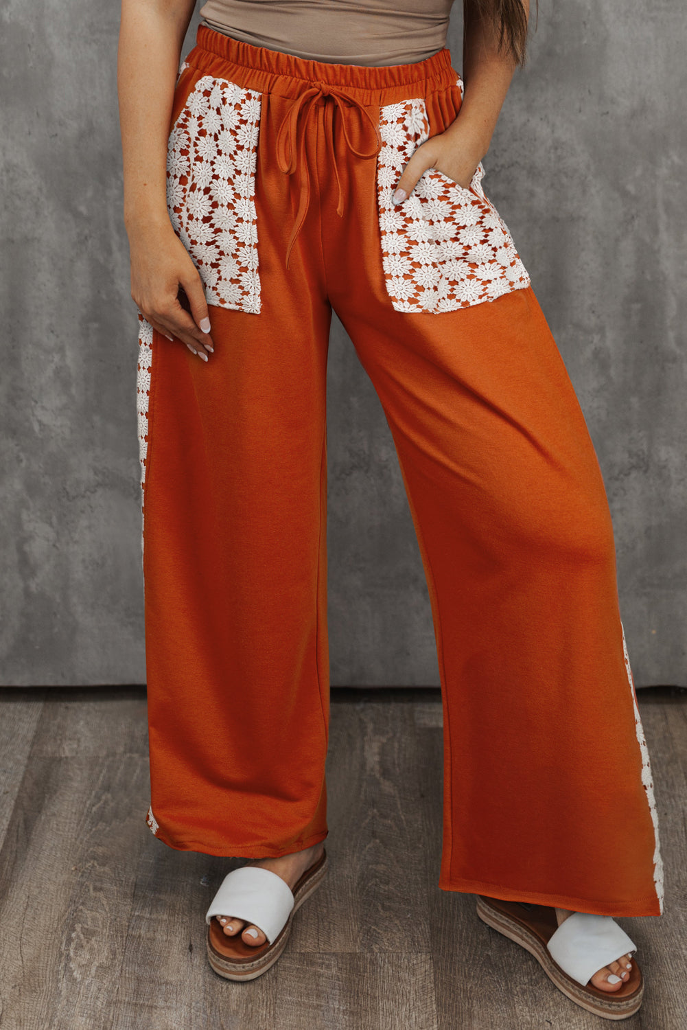 Gold Flame Floral Crochet Patchwork Pocket Wide Leg Pants - Plus