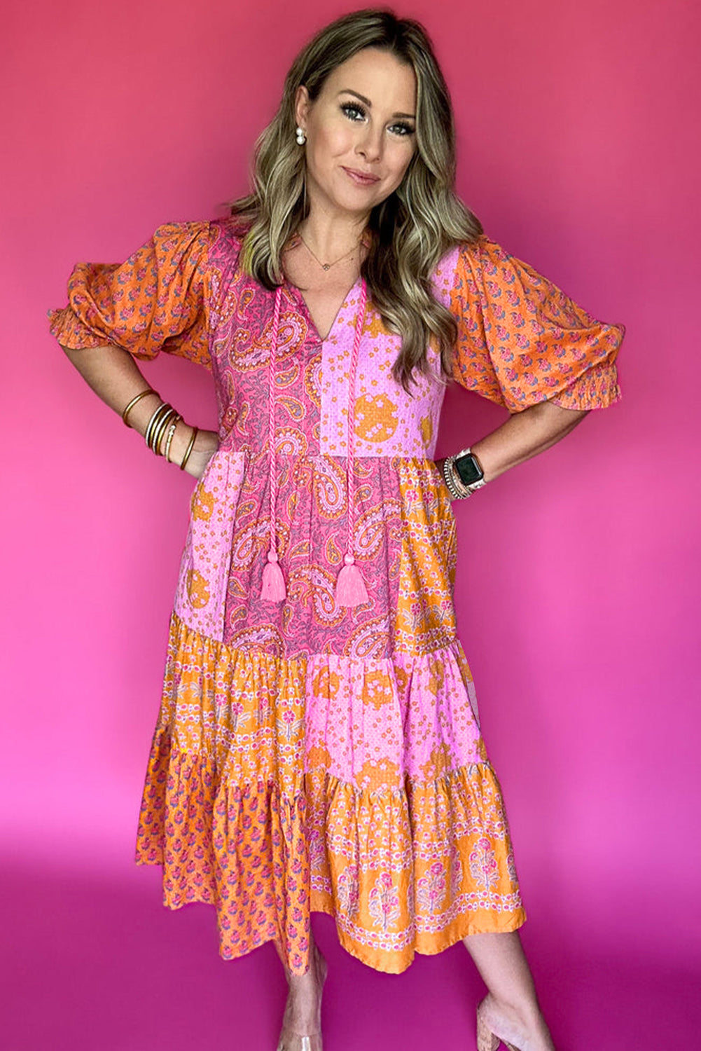 Pink Boho Paisley Floral Midi Dress - Plus