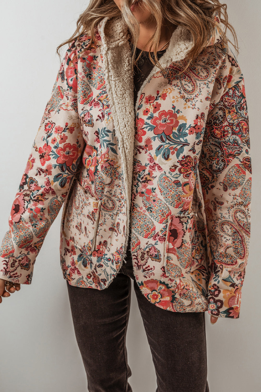 Paisley Floral Printed Sherpa Lined Hooded Jacket