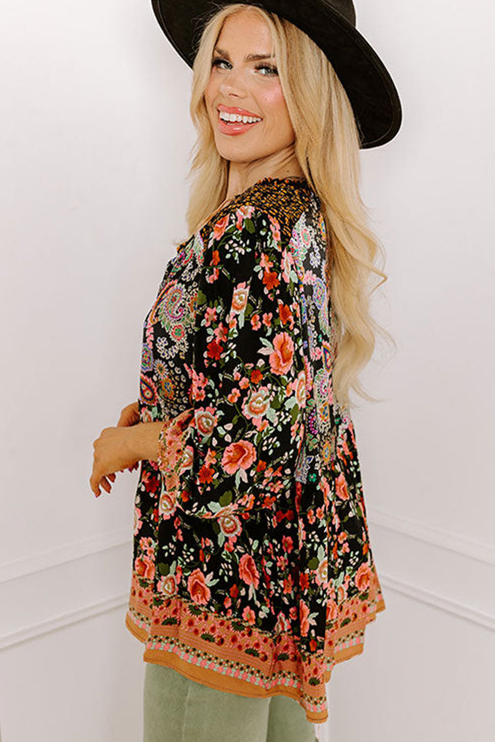 Paisley Print V Neck Bubble Sleeve Blouse - Plus