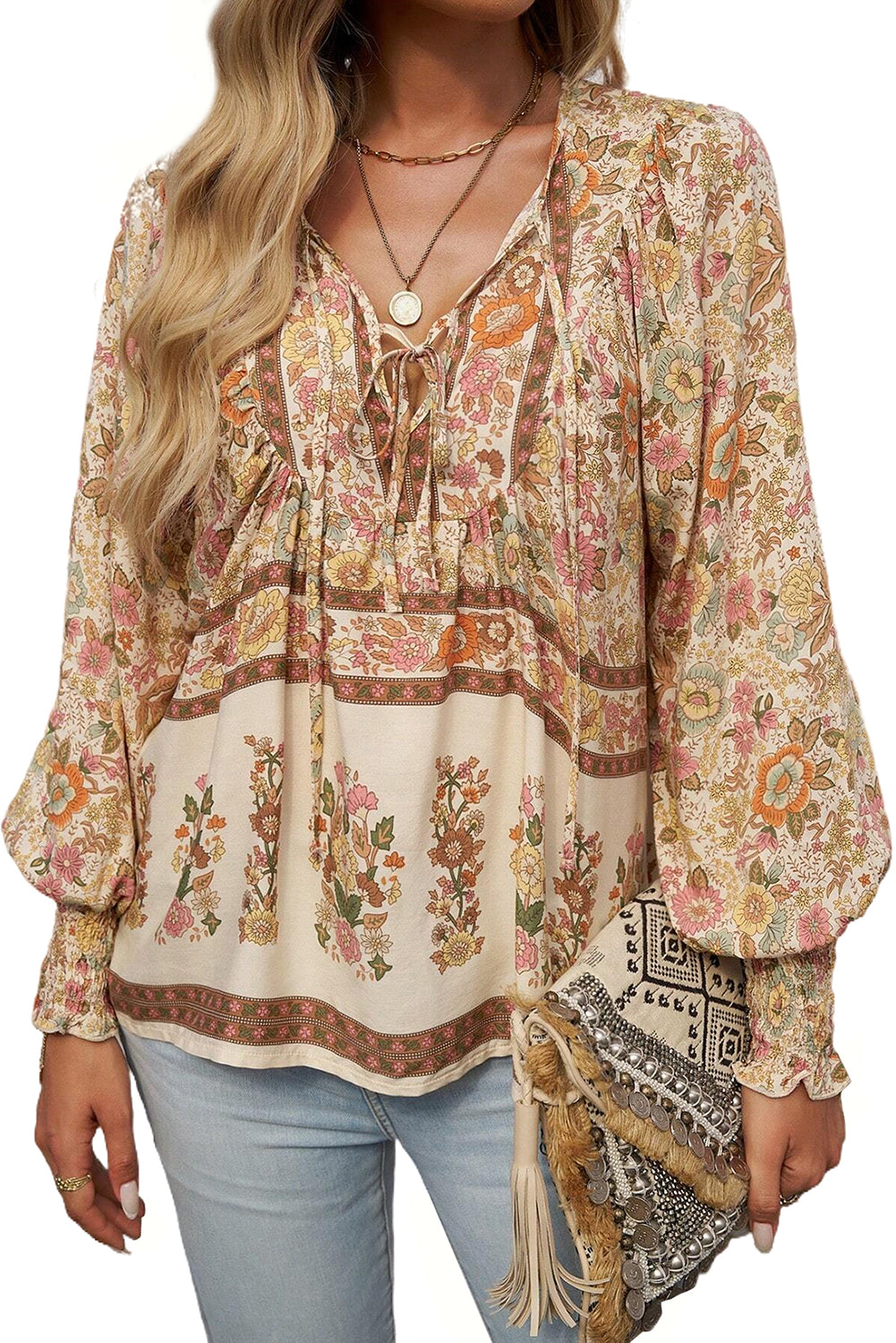 Floral Print Tie Neck Lantern Sleeve Blouse