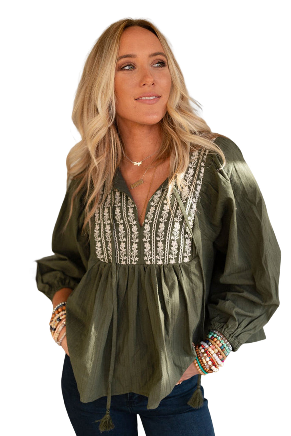 Embroidered Pleated Boho Blouse