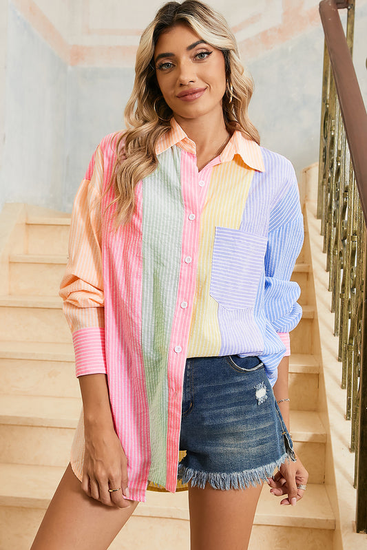 Multi Stripe Buttoned Oversized Shirt