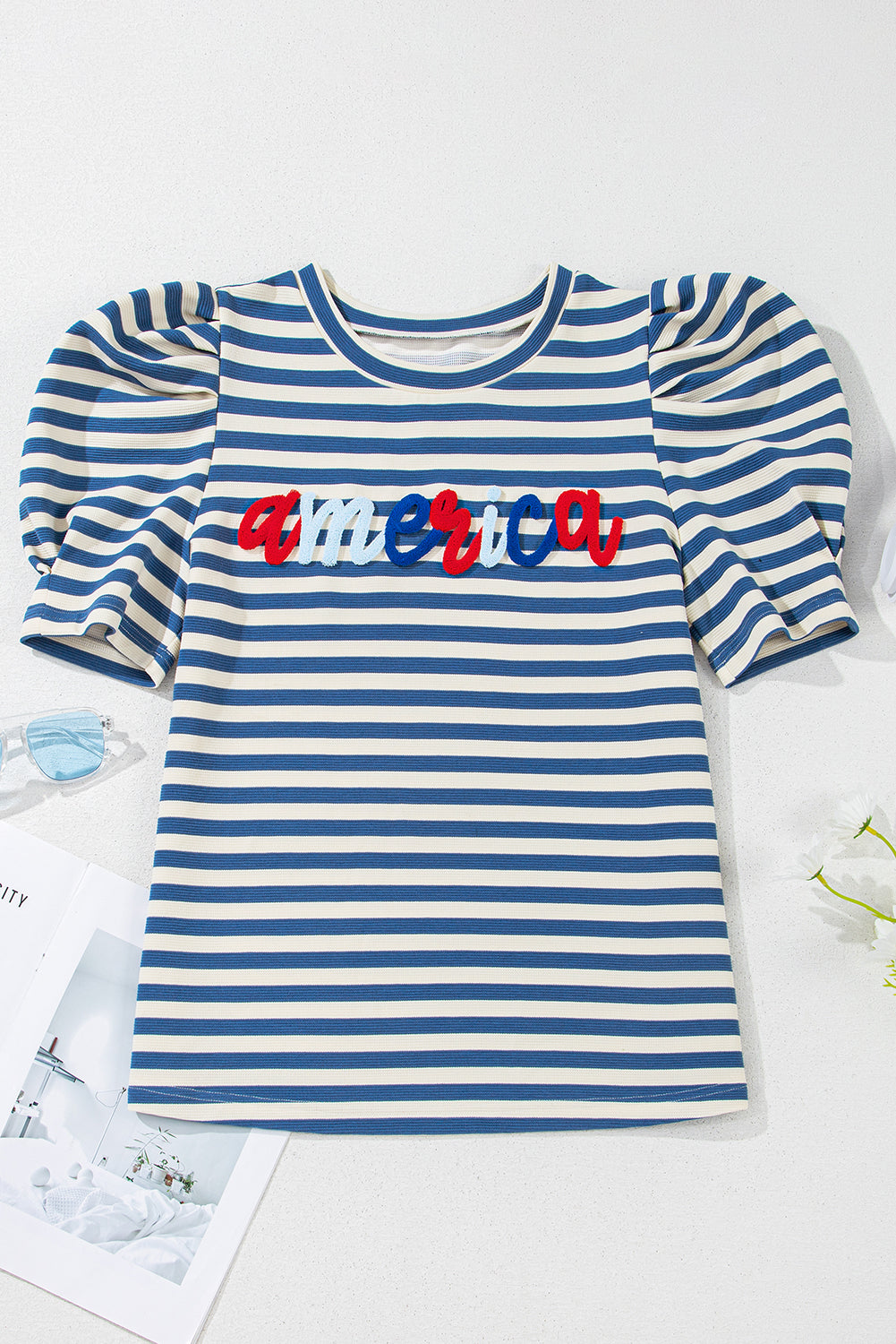 Blue Stripe America Puff Sleeve T-shirt