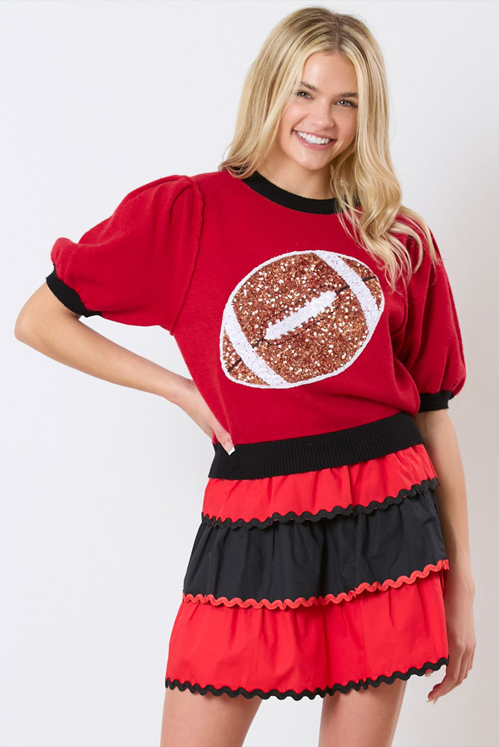 Sequin Football Puff Sleeve Knit Top