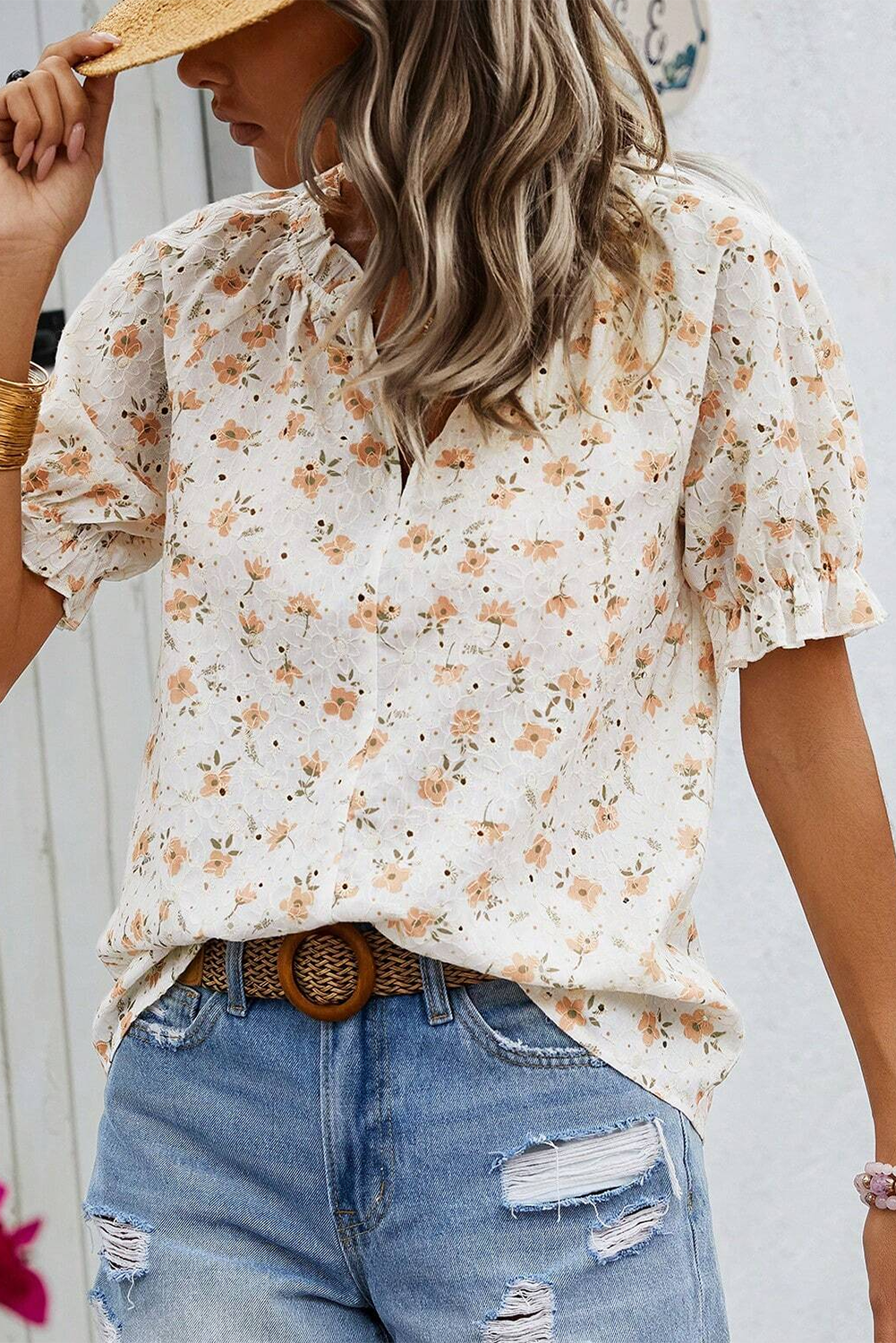 Eyelet Notch V Neck Puff Sleeve Floral Blouse