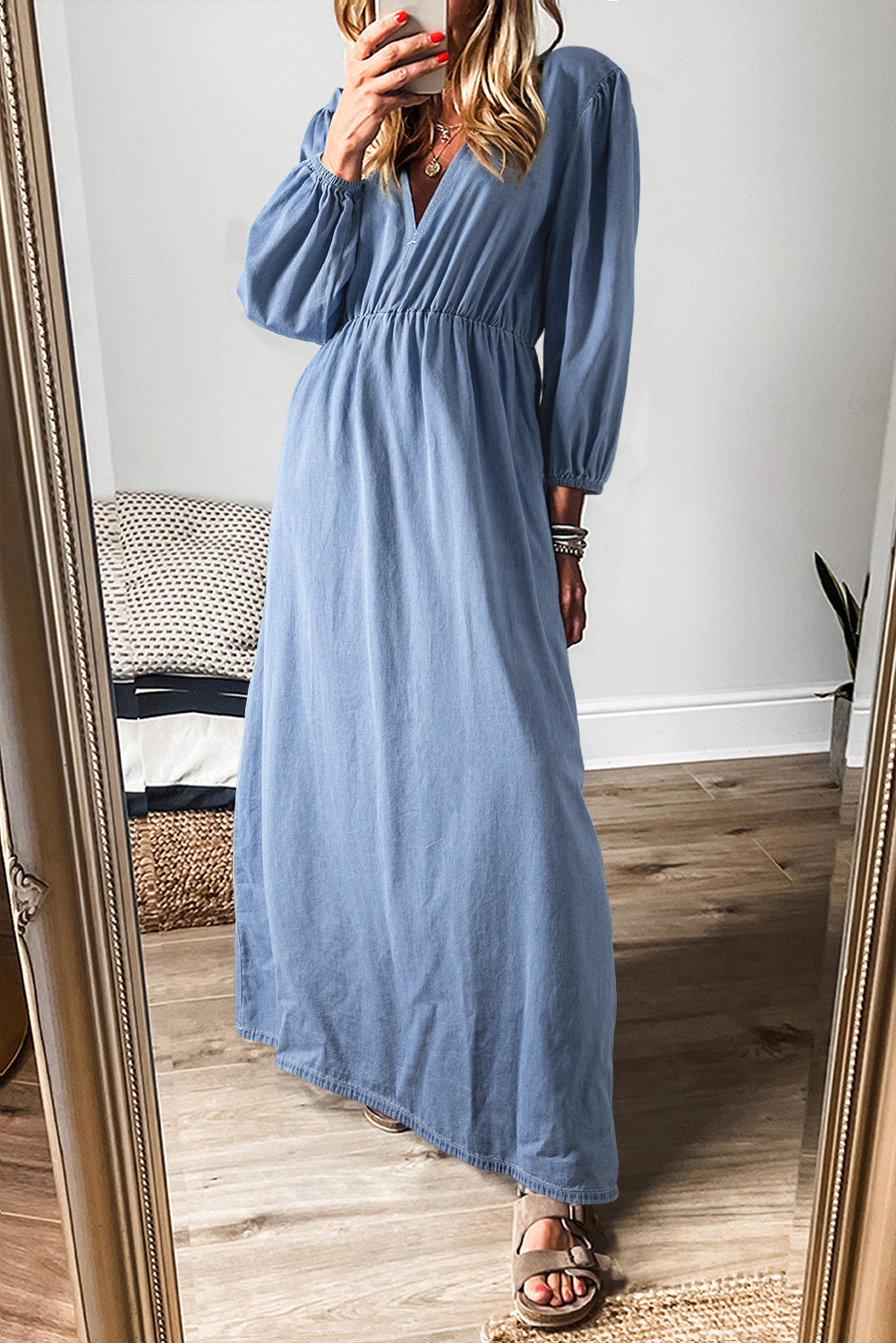 Chambray Deep V Neck Maxi Dress