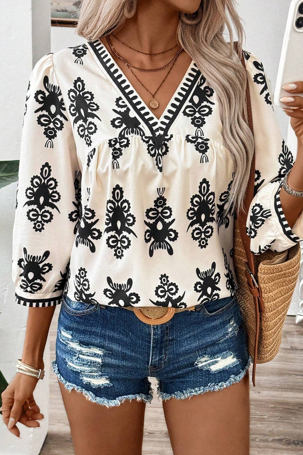 Ethnic Print V-Neck Blouse