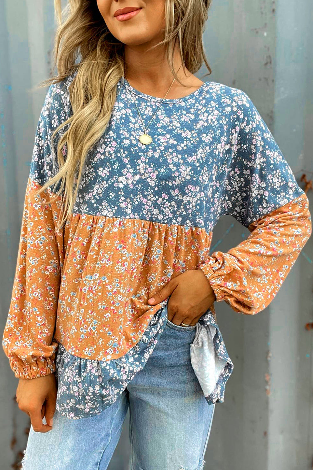 Ditsy Floral Ruffle Hem Long Sleeve Top