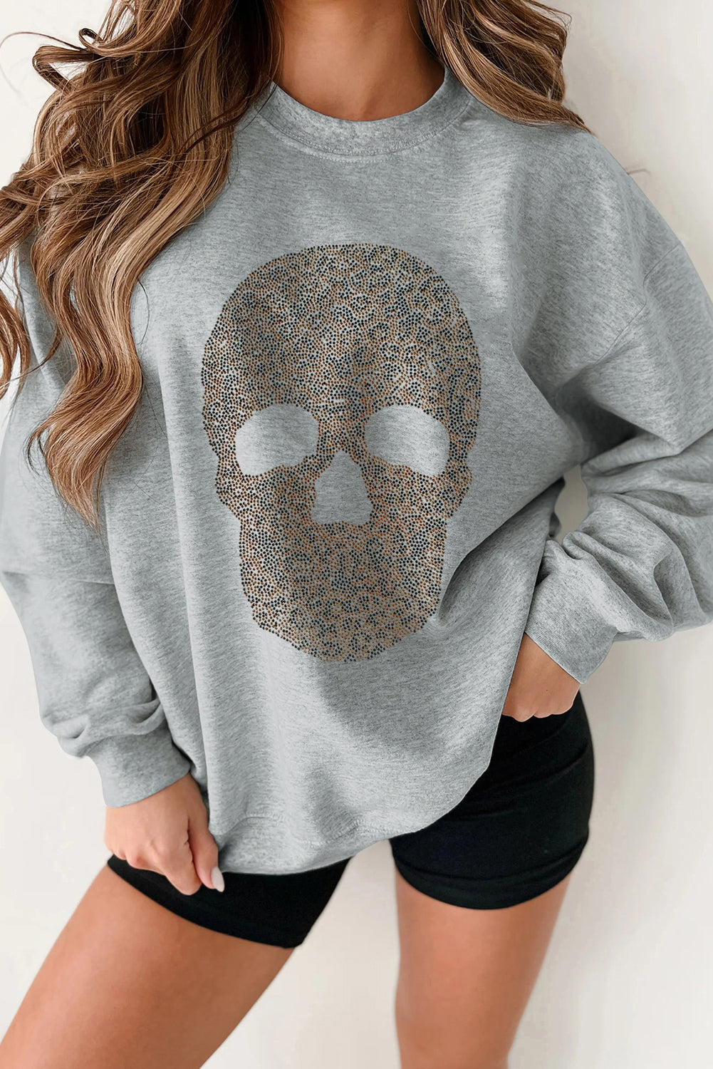 Light Grey Rhinestone Skull Sweatshirt