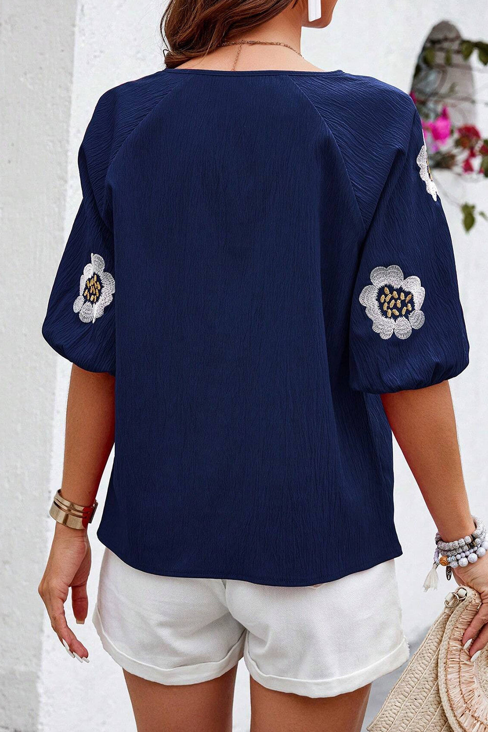 Embroidered Flower V Neck Puff Sleeve Blouse