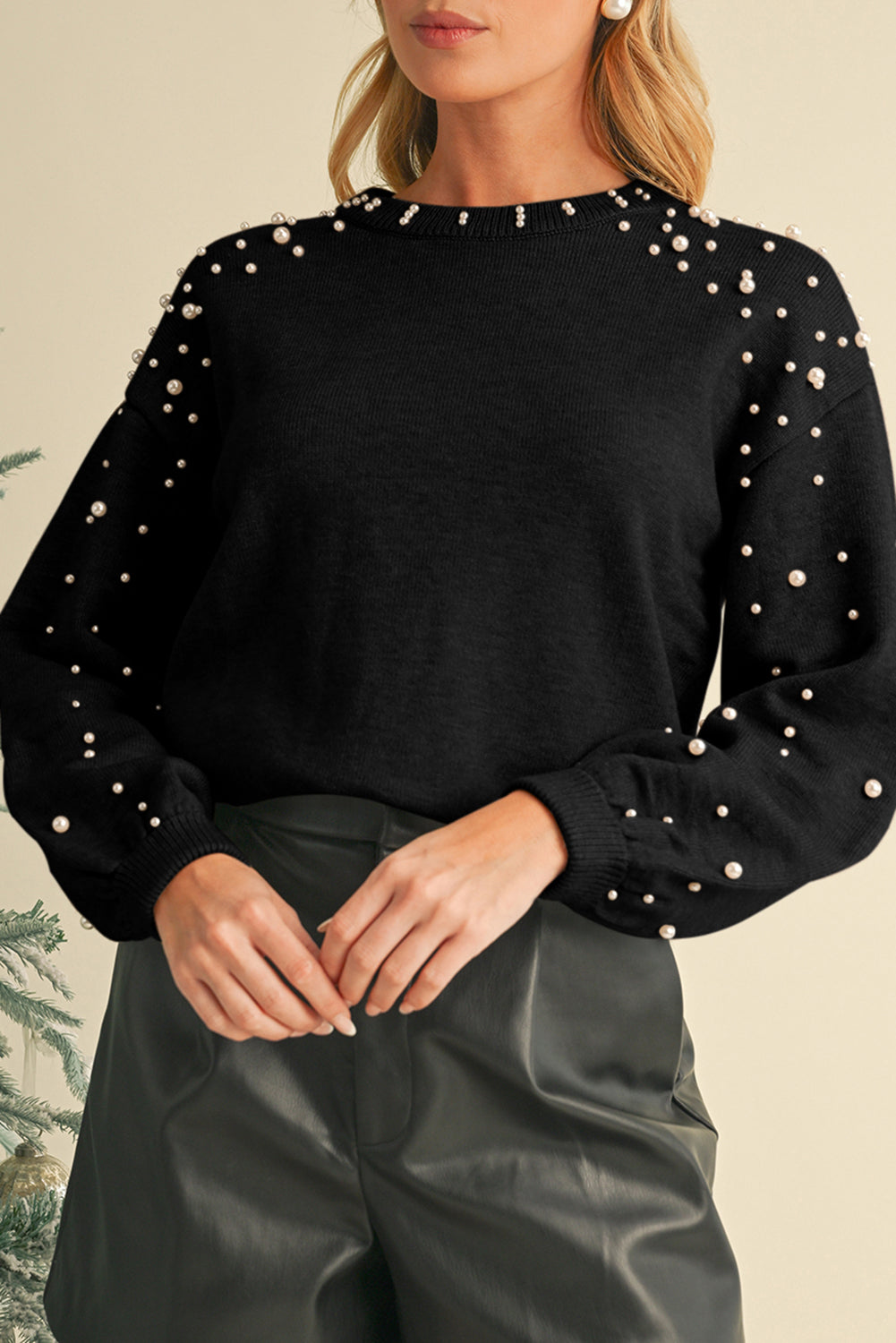 Pearl Drop Shoulder Round Neck Sweater