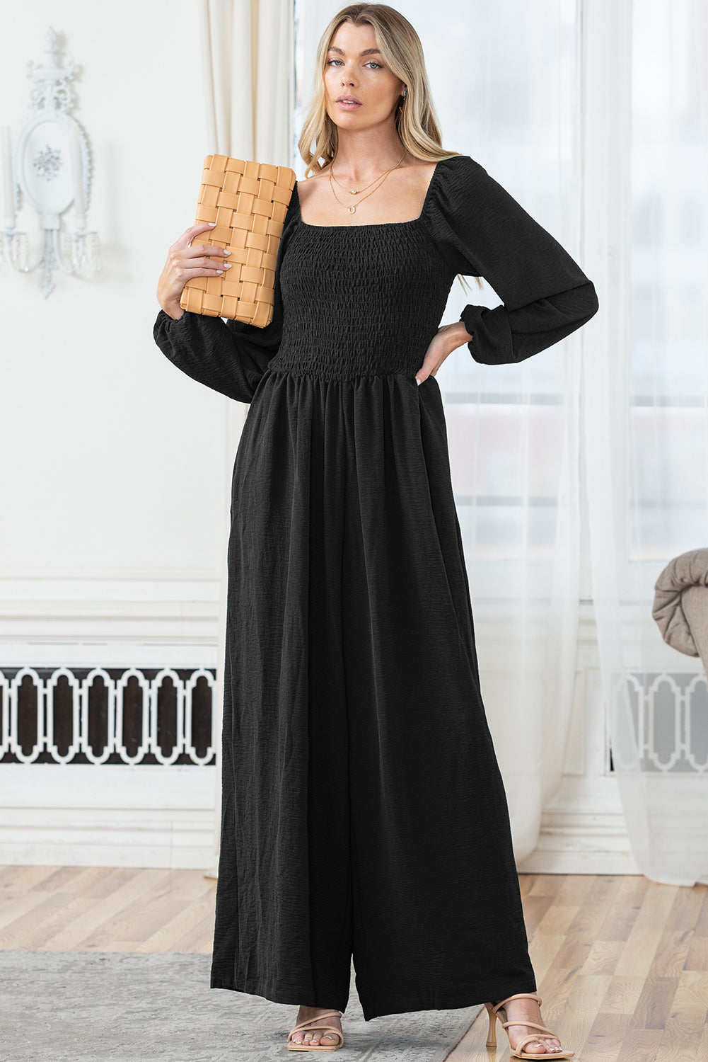 Black Smocked Wide Leg Jumpsuit