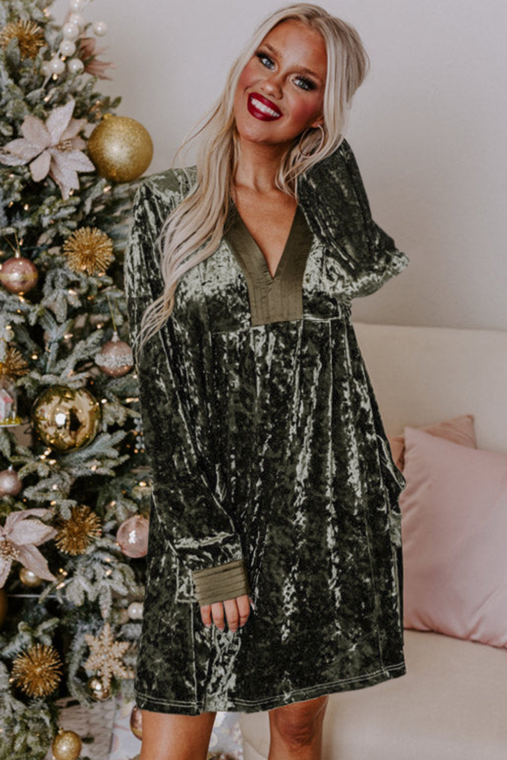 Jungle Green V Neck Pocket Velvet Dress