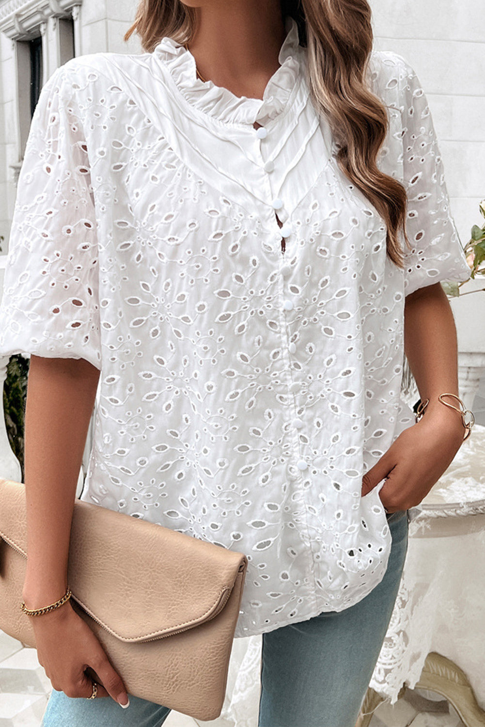 White Puff Sleeve Eyelet Blouse