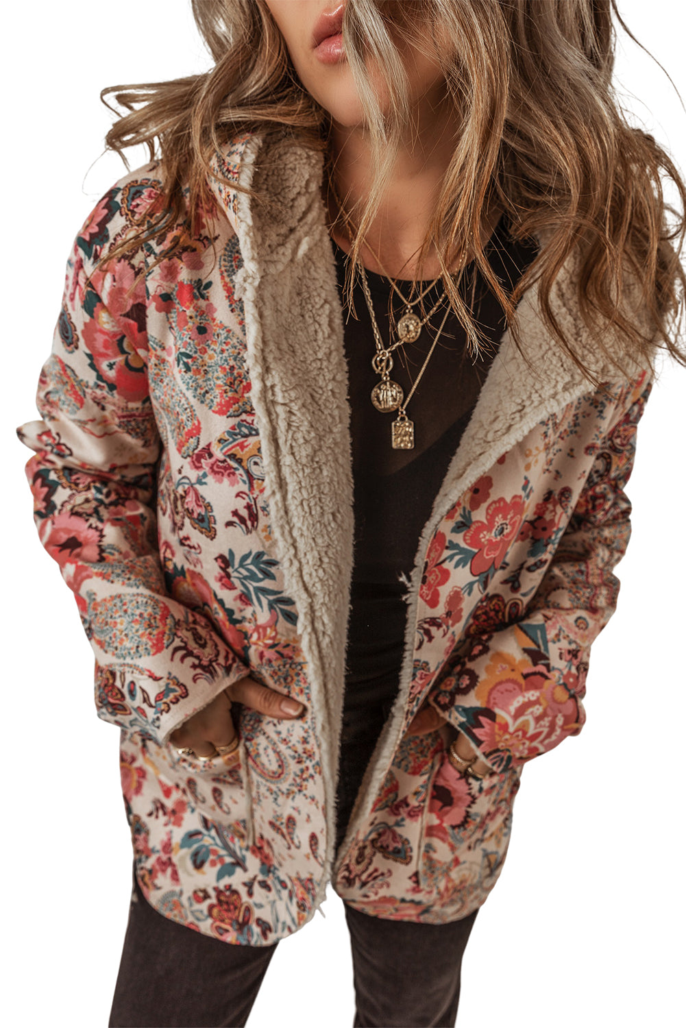 Paisley Floral Printed Sherpa Lined Hooded Jacket