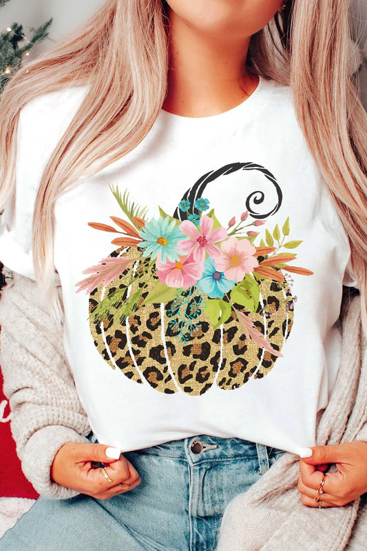 White Floral Leopard Pumpkin T Shirt