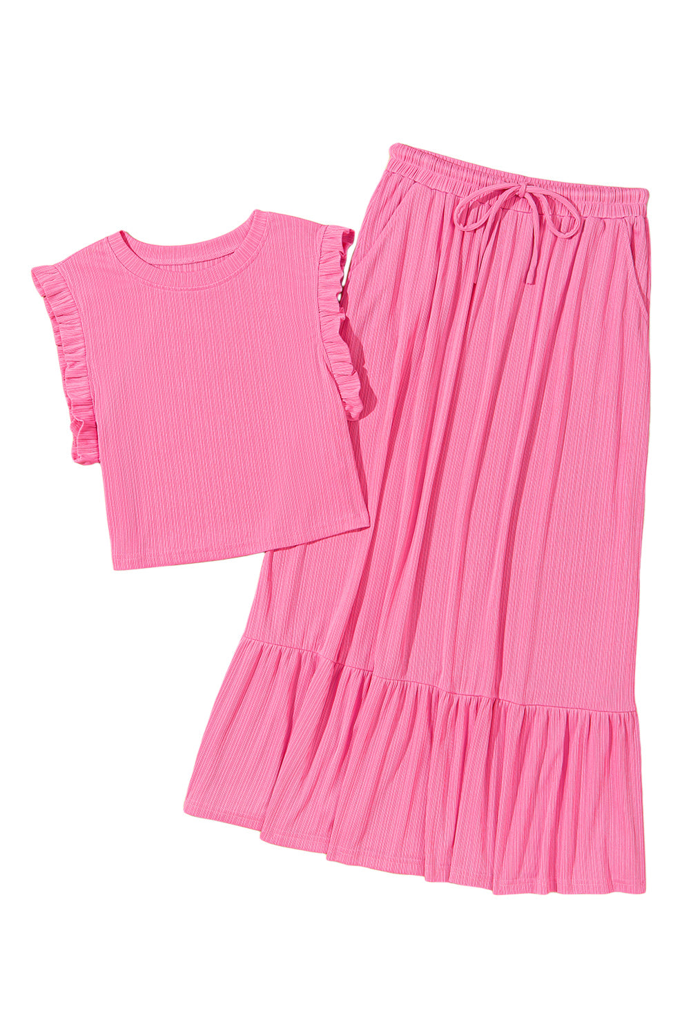 PInk Textured Ruffle Trim Crop Top and Skirt Set