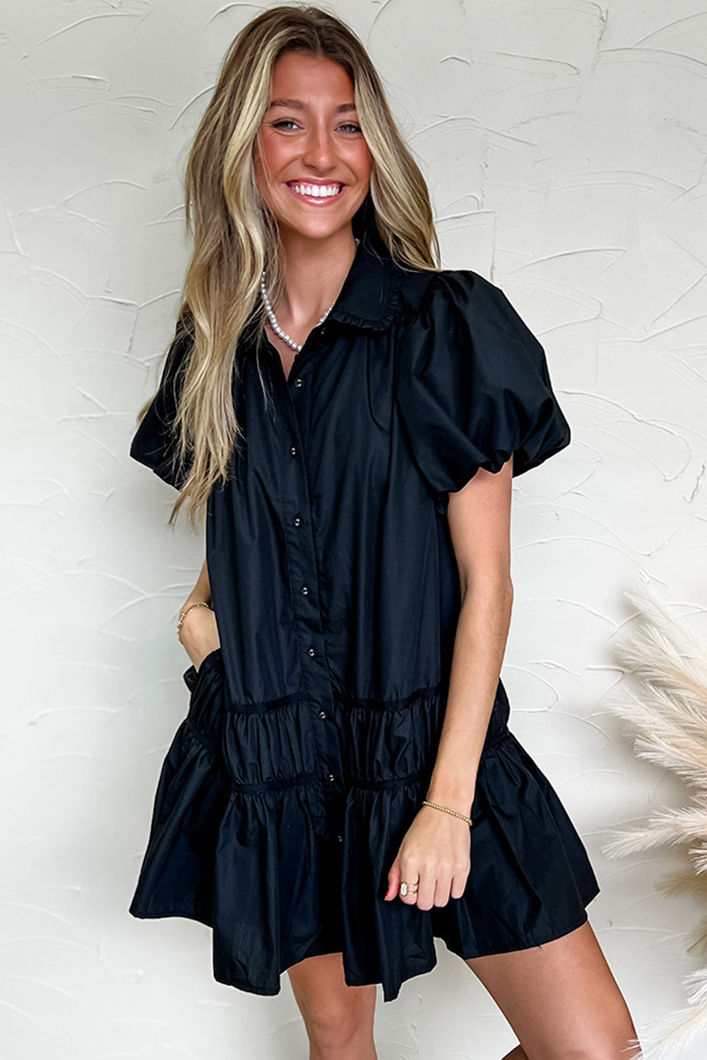 Black Button Down Puff Sleeve Ruched Dress