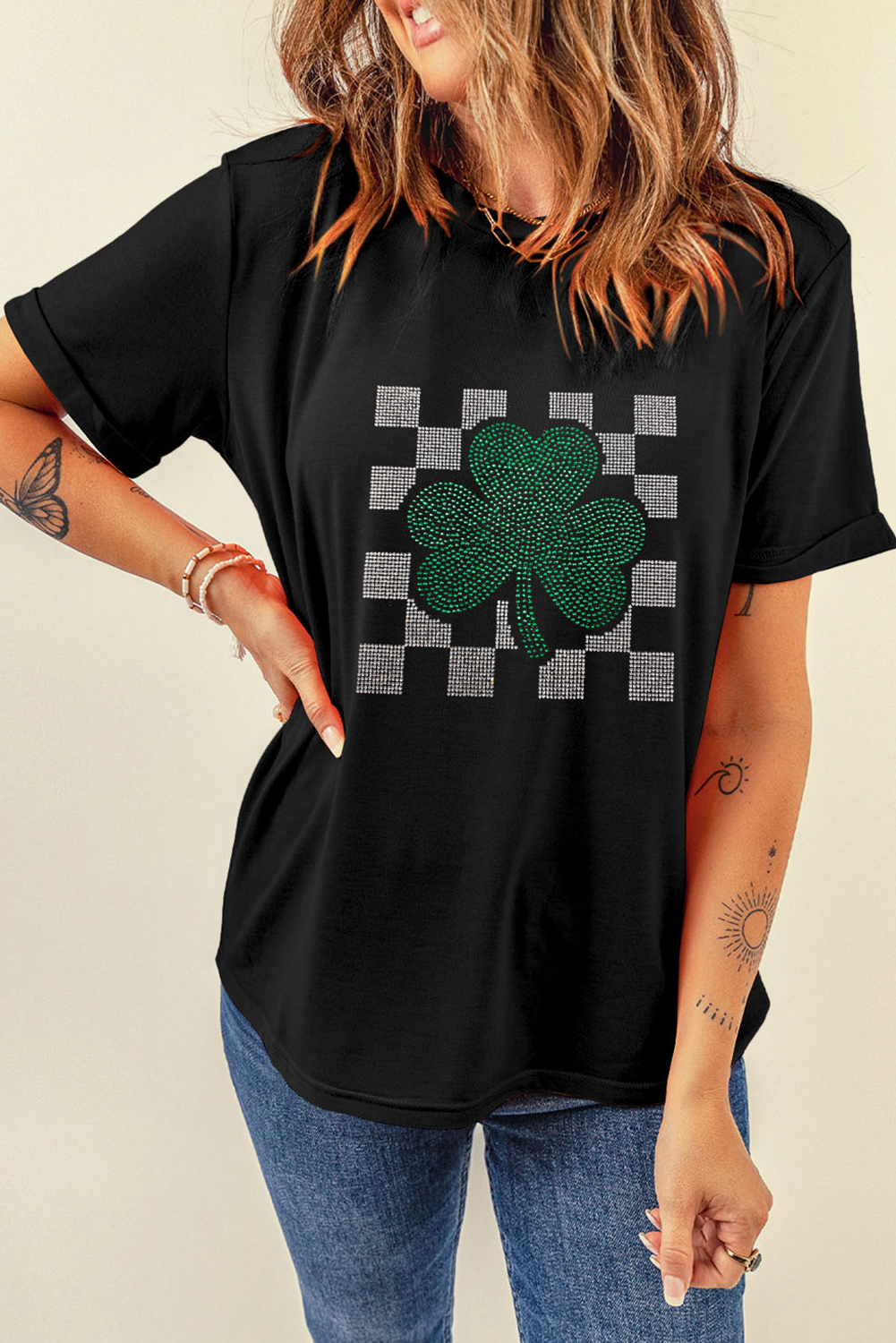 Black Rhinestone Shamrock Checkered T Shirt