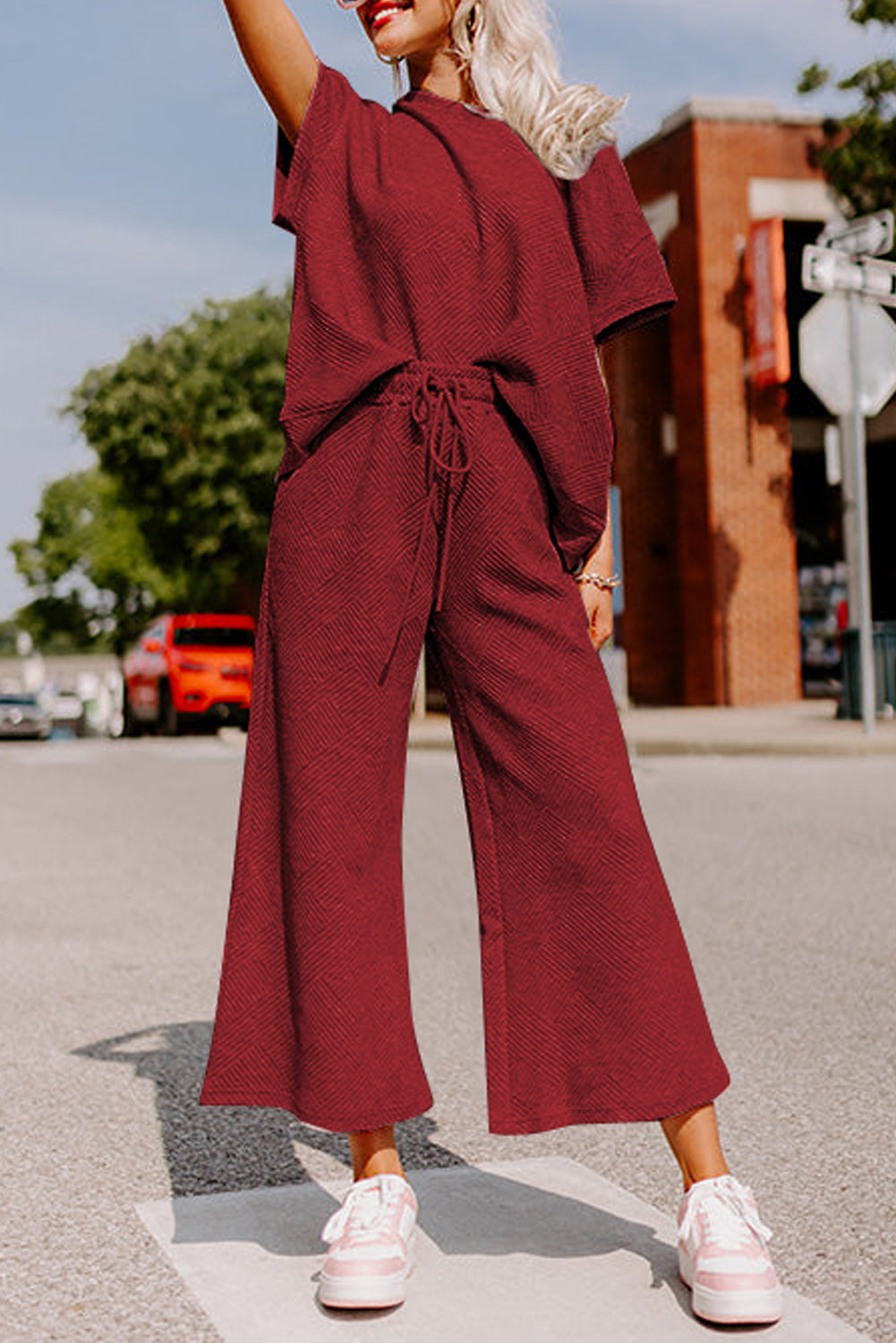 Textured Loose Fit T Shirt and Drawstring Pants Set