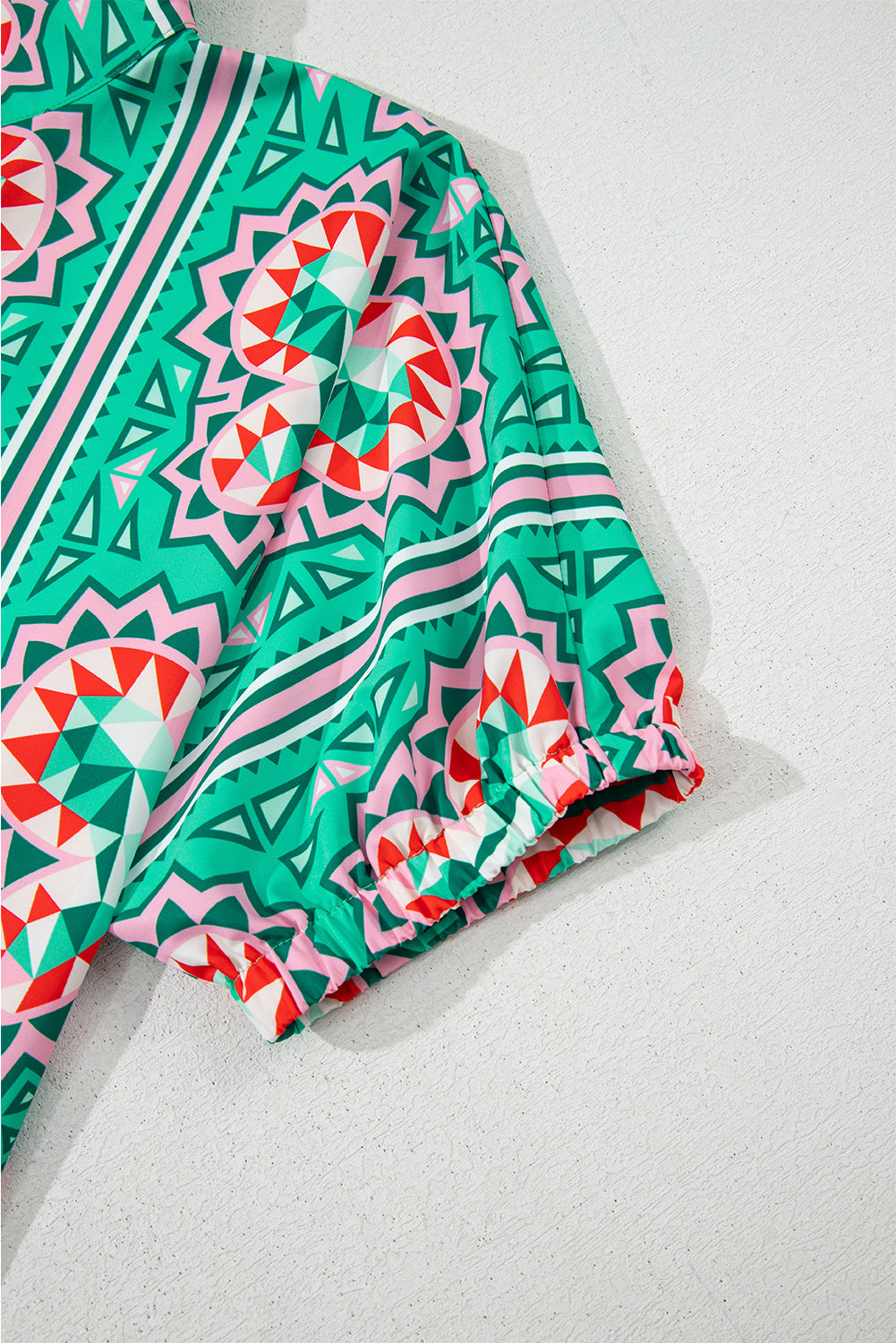 Sea Green Geometric Print Split Neck Blouse