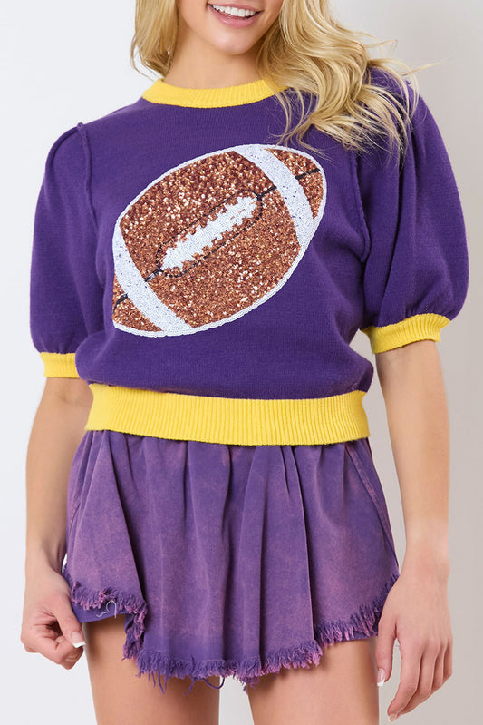 Sequin Football Puff Sleeve Knit Top