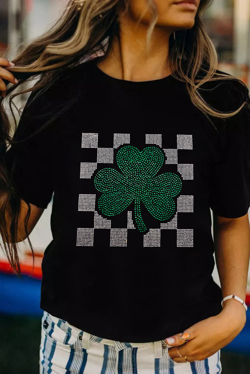 Black Rhinestone Shamrock Checkered T Shirt