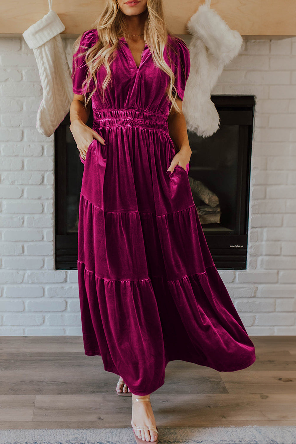 Velvet Smocked Waist Tiered Maxi Dress