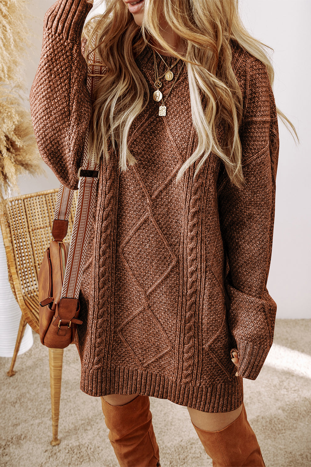 Cable Knit Drop Shoulder Loose Fit Sweater Dress