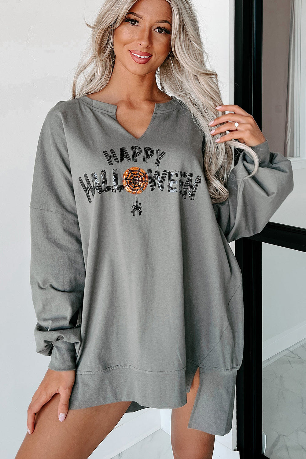 Grey Sequin Happy Halloween Loose Top