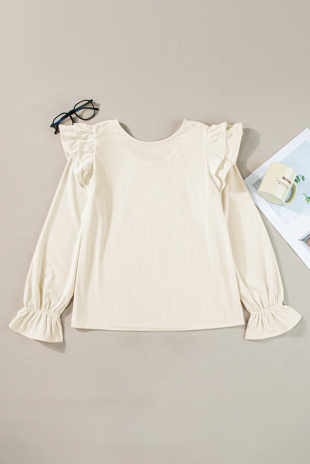 Beige Corduroy Ruffled Sleeve Blouse