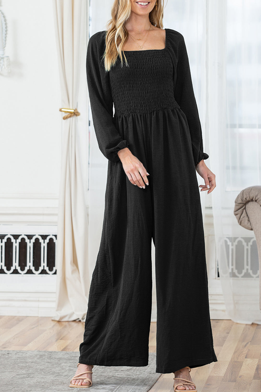 Black Smocked Wide Leg Jumpsuit