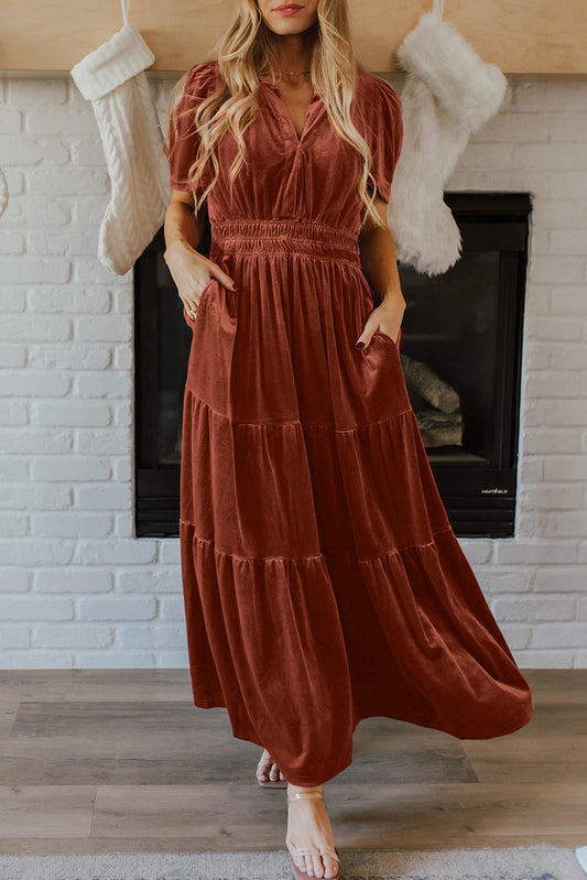 Chestnut Velvet Shirred Waist Tiered Maxi Dress