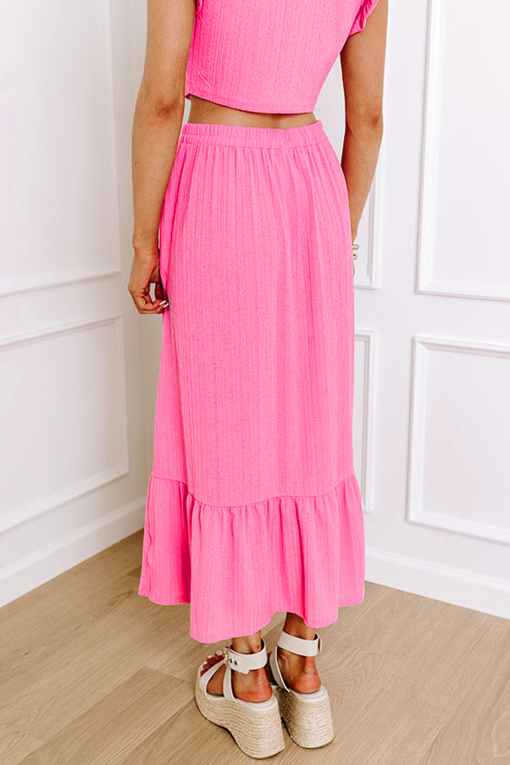 PInk Textured Ruffle Trim Crop Top and Skirt Set