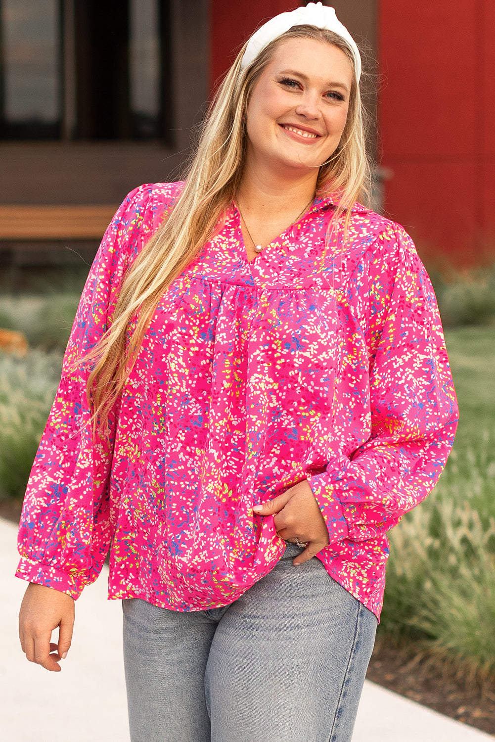 Abstract Print Puff Sleeve V Neck Plus Size Blouse