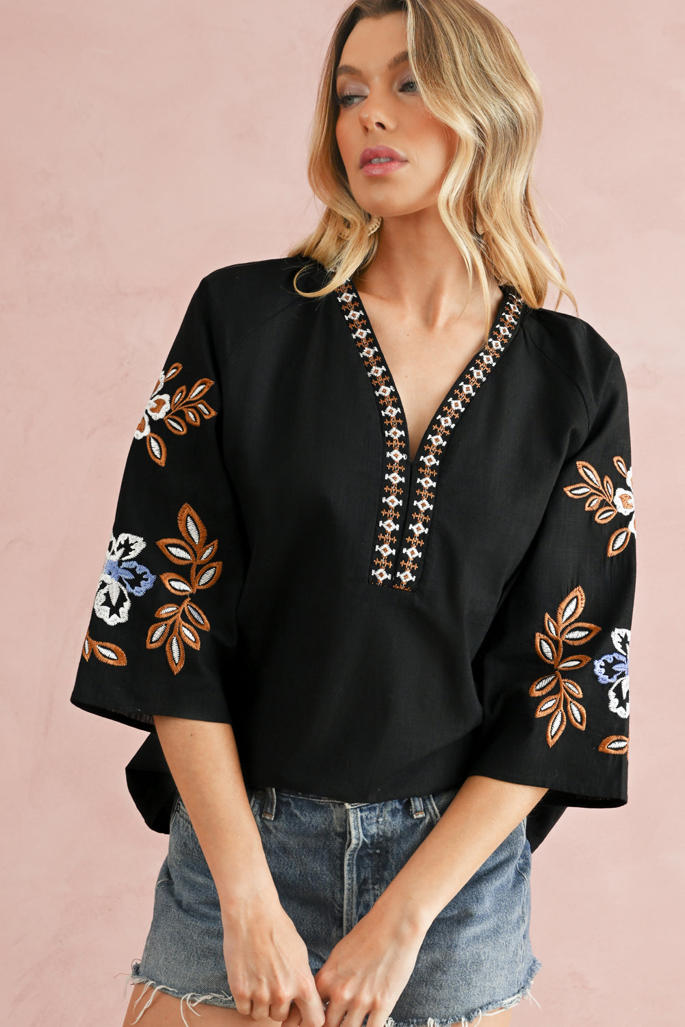 Black Floral Embroidered Sleeve Boho Blouse