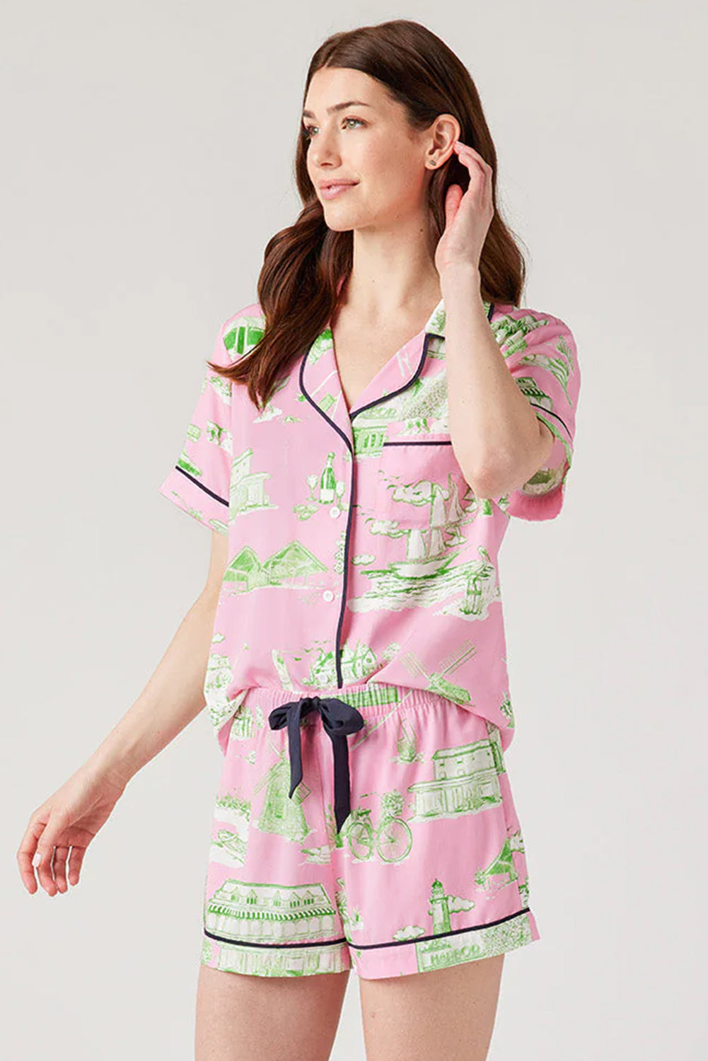 Pink Drawstring Shorts Pajama Set with Piping Details