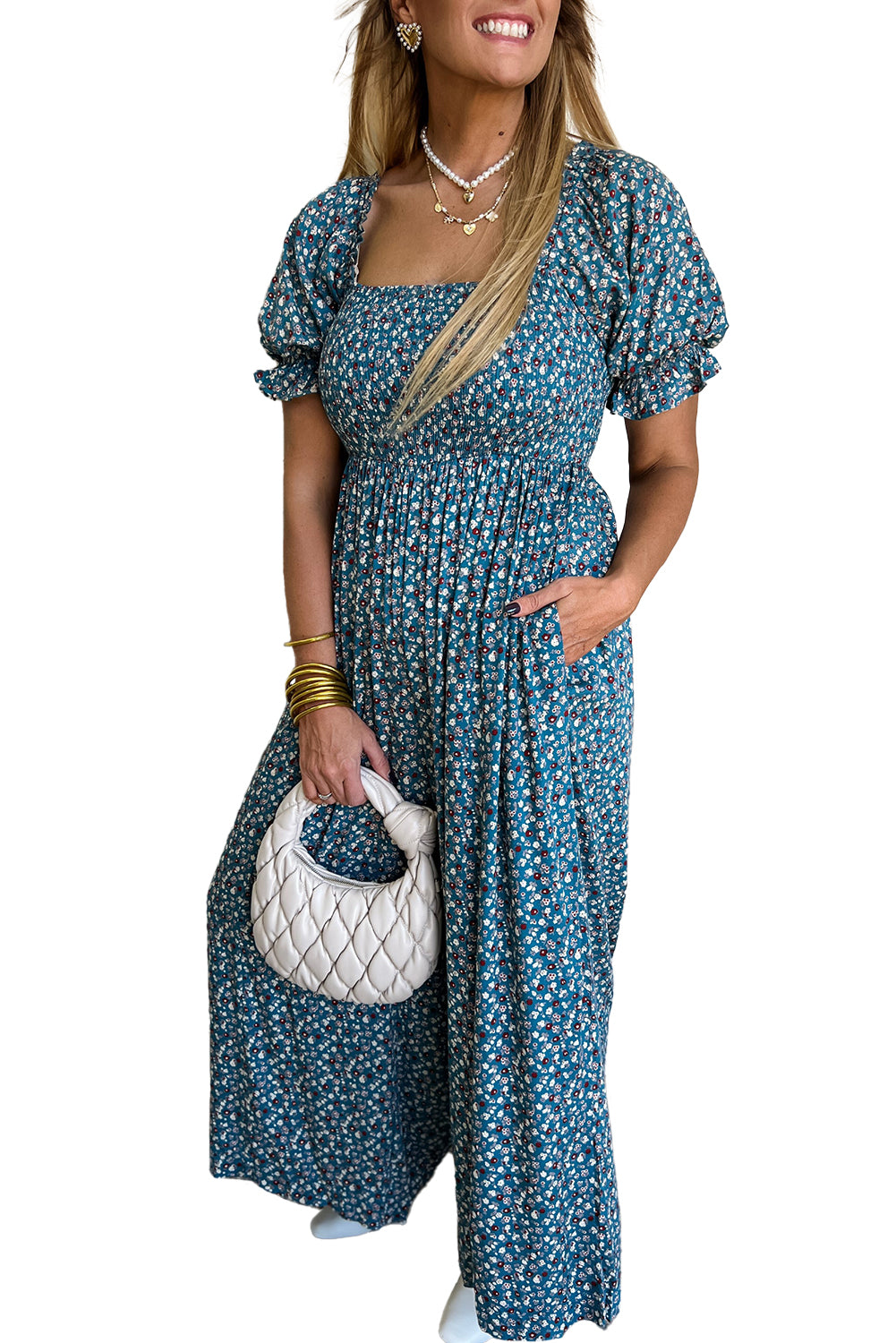 Vintage Floral Smocked Wide Leg Jumpsuit