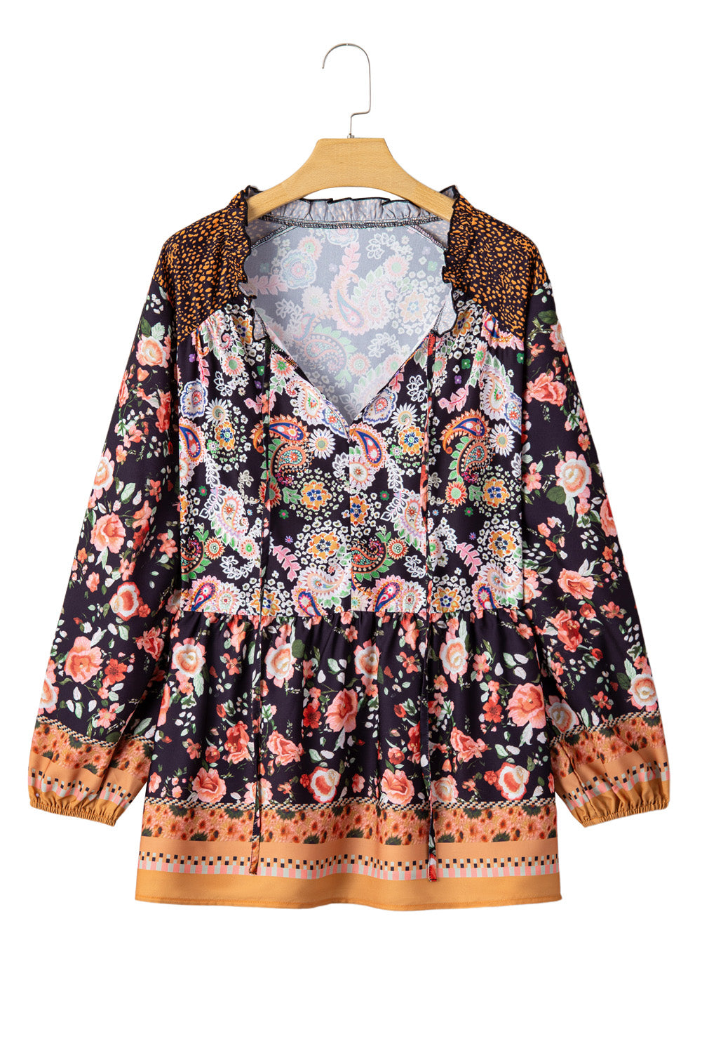 Paisley Print V Neck Bubble Sleeve Blouse - Plus