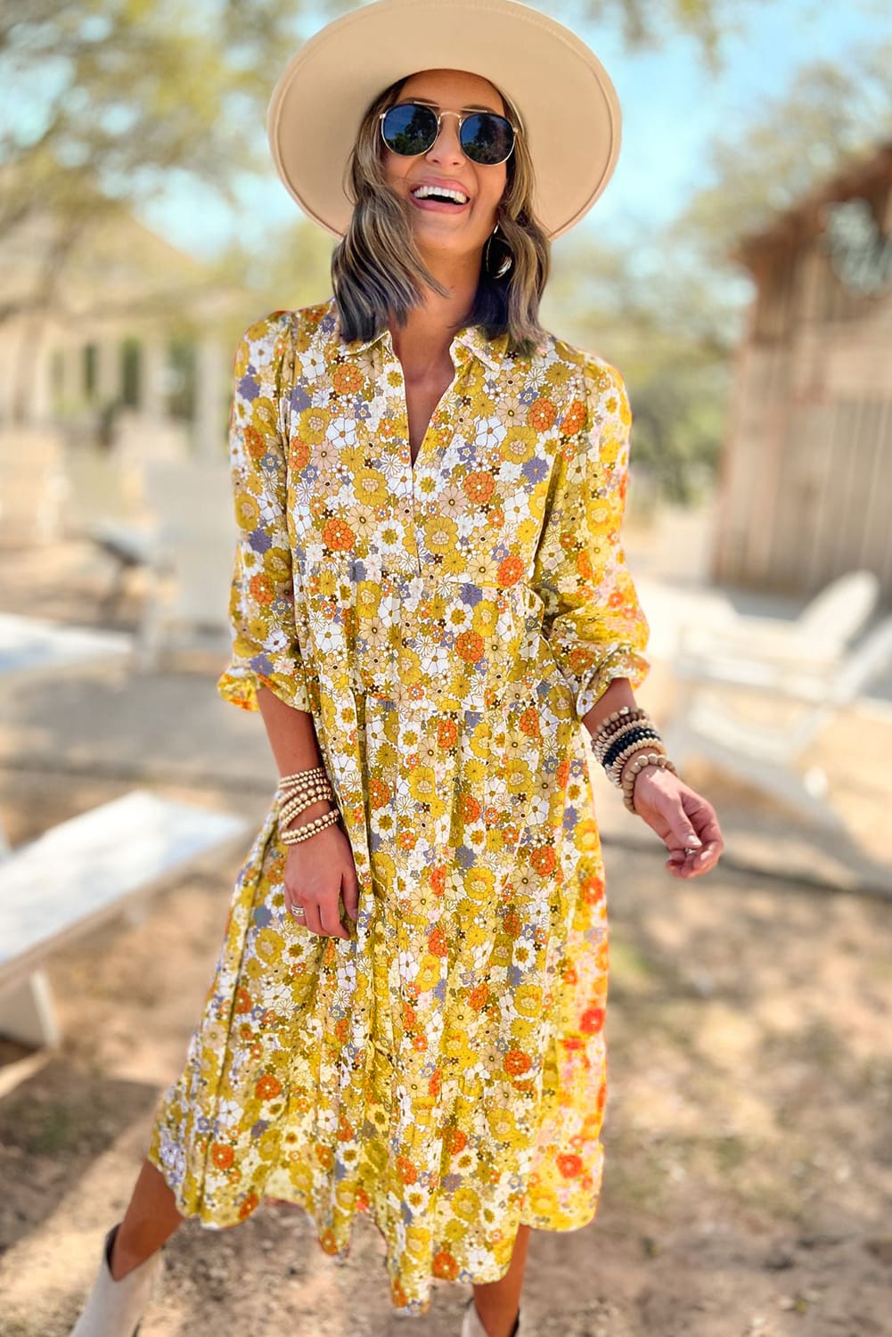 Boho Floral Collared Long Sleeve Dress