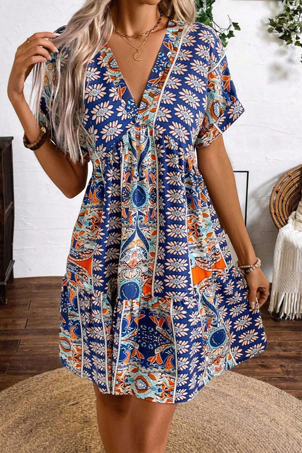 Blue Flower Print V-Neck High Waisted Dress