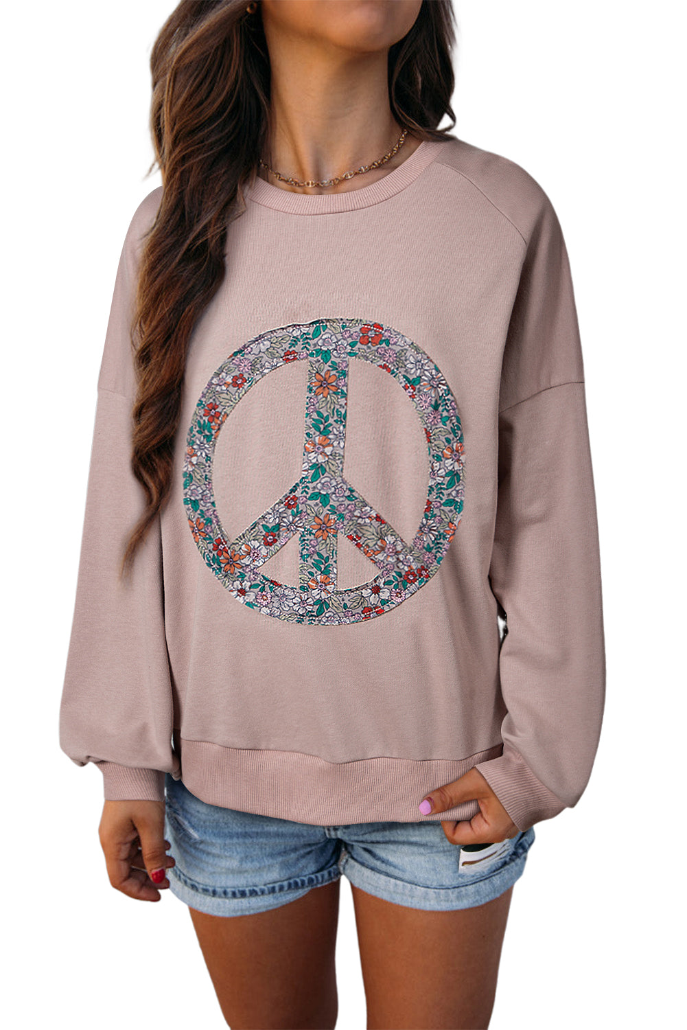 Floral Peace Sign Drop Shoulder Sweatshirt