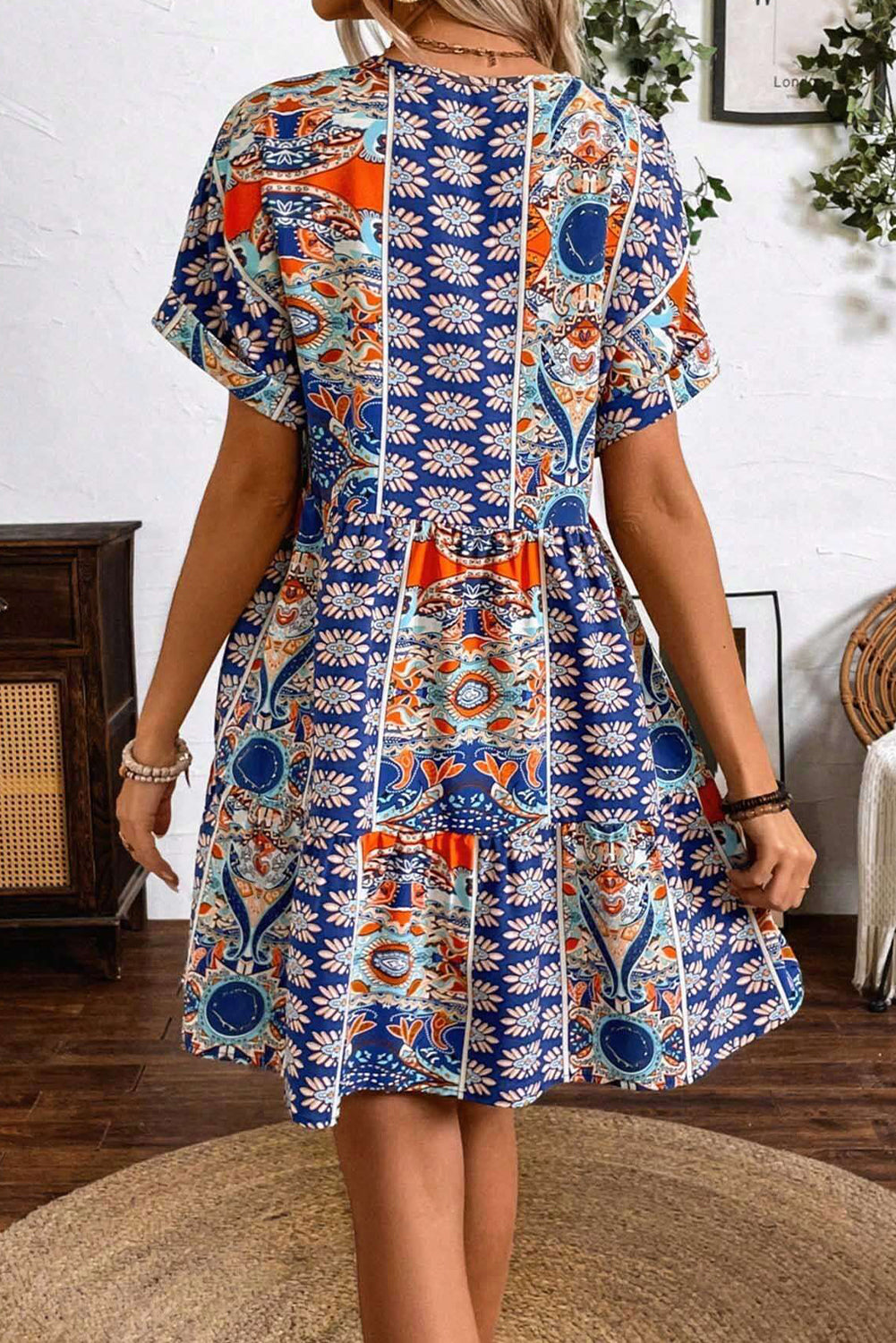 Blue Flower Print V-Neck High Waisted Dress