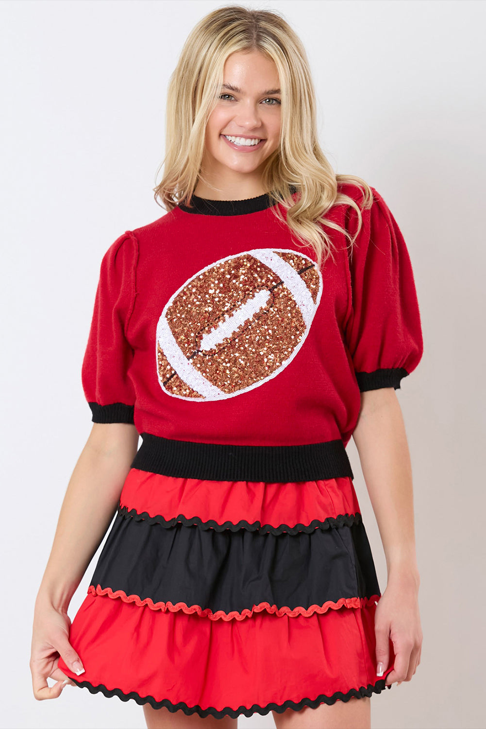 Sequin Football Puff Sleeve Knit Top