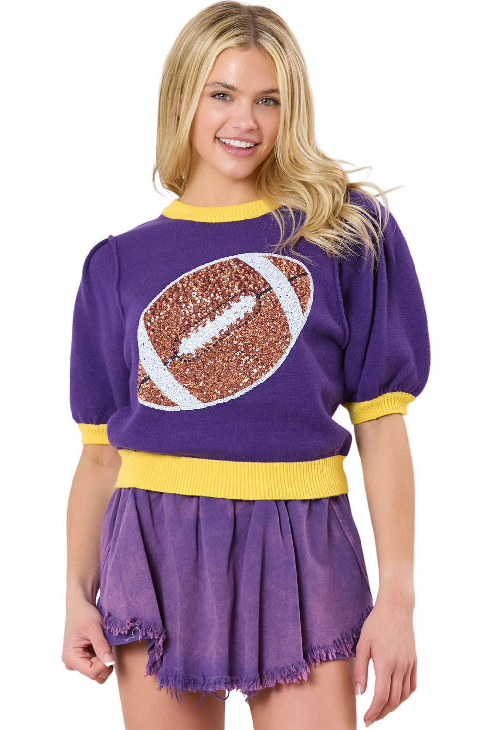 Sequin Football Puff Sleeve Knit Top