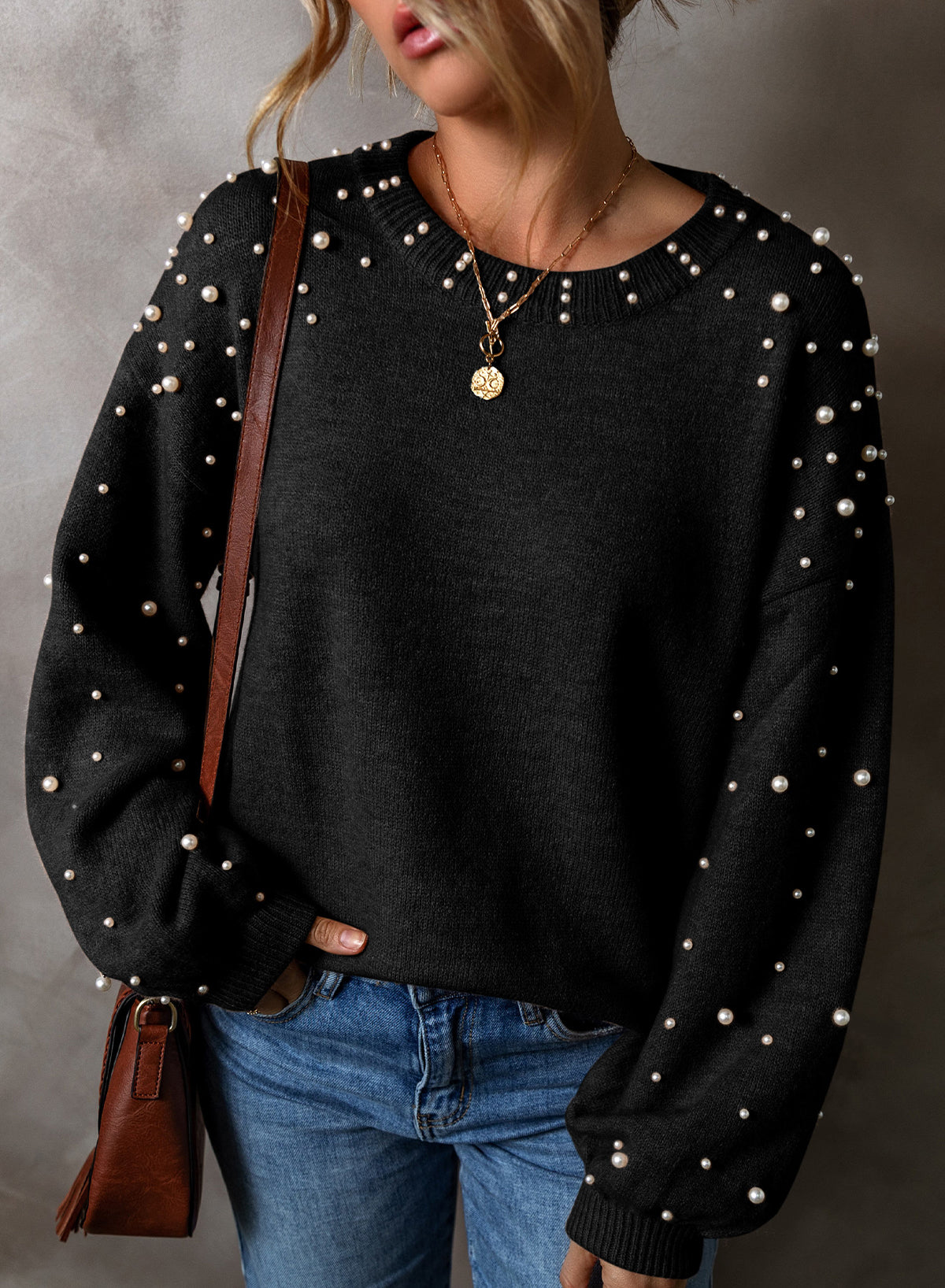 Pearl Drop Shoulder Round Neck Sweater